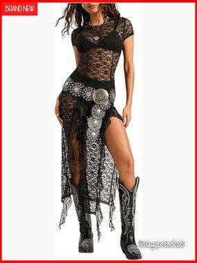 Y2K Lace Gothic Sheer Going Out Dress Festival Concert Rave Summer